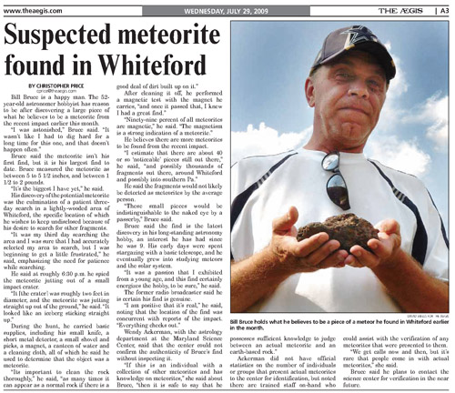 PA Fireball meteorite possible found July 29, 2009 Whiteford MD USA