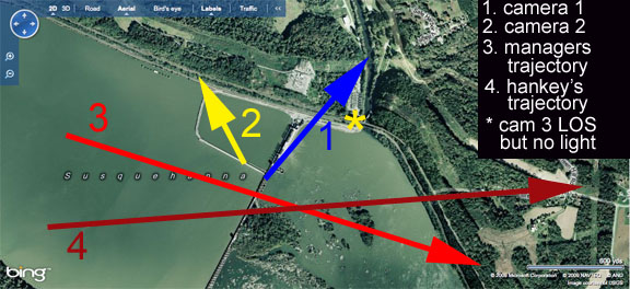 Safe Harbor camera line of site and estimated (best guess) meteor path