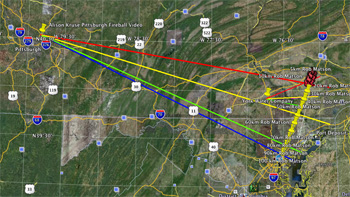 Blue = Entry point; Green = First Location; Yellow = Second Location; Red = Horizon Impact Point